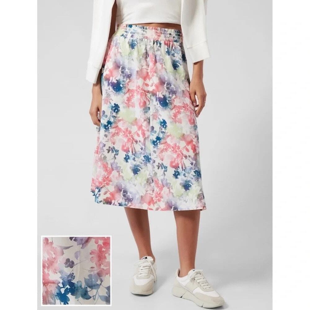 Athleta Savannah Midi Skirt Watercolor Pastel Floral Summer Travel Women's Large